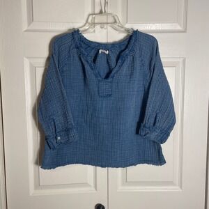 Natural Life Robyn Cotton Gauze Top Women L Blue V Neck 3/4 Sleeve Raw Hem Shirt